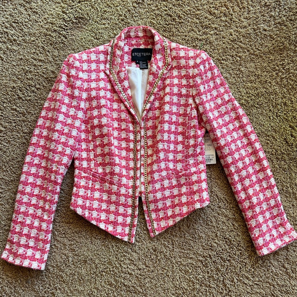 NWT - Etcetera Women’s Houndstooth Tweed Blazer / Jacket - (Pink/White/Gold)